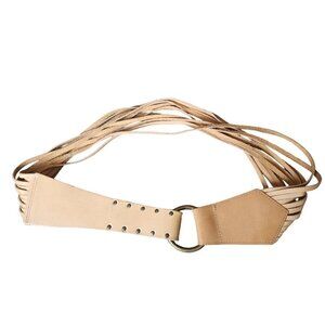 VTG Anne-X Genuine Leather Belt Hippie Bohemian Long Fringe Beige M/L